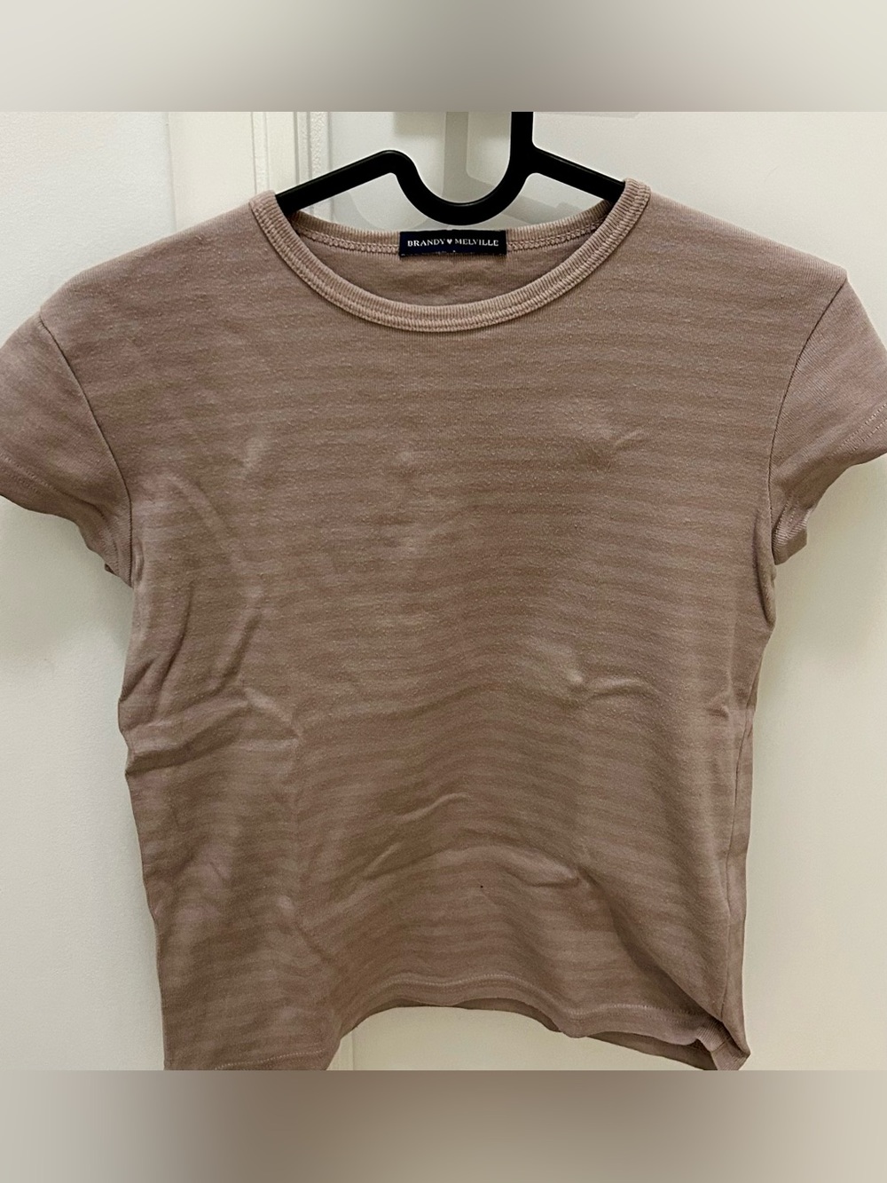 Brandy Melville Mauve-Taupe Short Sleeve Stripped Ribbed Tee RARE